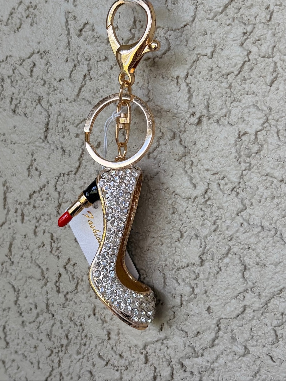 Bougie Gold Crystal High Heel Keychain with Red Lipstick Accent - Picture 2 of 9